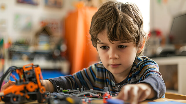 A lifestyle photograph capturing a cute kid engrossed in educational technology, such as coding or robotics kits, stimulating brain activity and fostering early interest in STEM subjects. The eye-leve