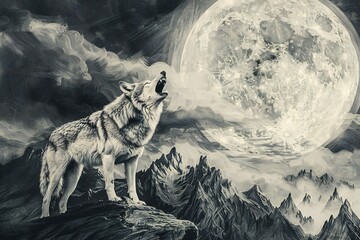 Illustration of a wolf howling at the moon in the mountains