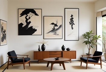 A modern living room with a minimalist design featuring a large wooden credenza and a black coffee...