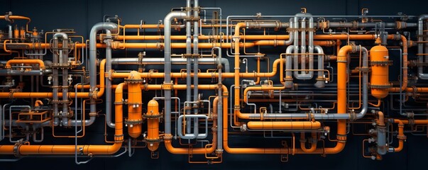 A long line of pipes with orange markings. The pipes are connected to each other and are of different sizes. Concept of complexity and organization