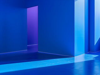 A blue room with a purple door and a blue wall