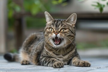 Naklejka na ściany i meble Tabby cat yawning on the wooden floor in the garden