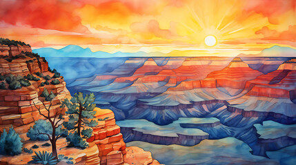 Craft a watercolor background featuring a panoramic view of the Grand Canyon at sunrise, with layers of colors unfolding