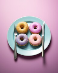 Minimal flat lay of colorful donuts with fork on small plates isolated on pastel background.