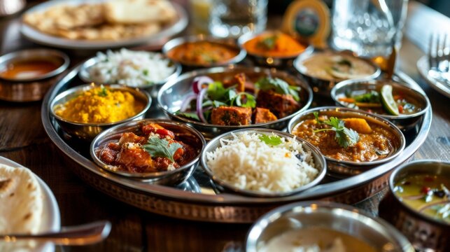 A traditional Indian thali meal with a variety of dishes served on a stainless steel platter
