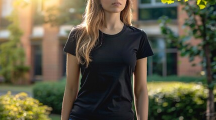 Young Model Shirt Mockup woman wearing black tshirt in campus in daylight Shirt Mockup Templat