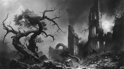 A desolate in the style of gothic illustration, 19th-century style, with gnarled, skeletal trees clawing at the sky