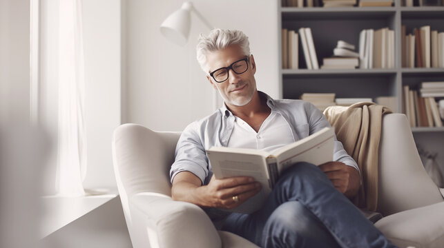 A stylish man with grey hair and a beard, wearing glasses and comfortable light casual home clothing, sits in a cozy armchair reading a bestselling novel in his home library