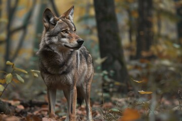 Naklejka na ściany i meble Gray wolf (Canis lupus) in the autumn forest