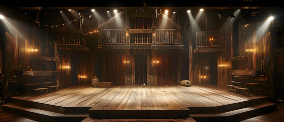 A stage set with a wooden floor and a wooden balcony. The stage is empty and the lights are on