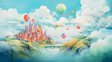 Craft a watercolor background featuring a surreal landscape of floating islands in the sky