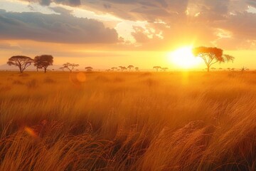 Savanna Sunset, Warm sunlight casting golden hues on savanna, Silhouettes of acacia trees on horizon, Wide-angle view from savanna, Earth tones of savanna grasses