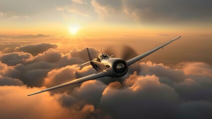 Symbolism of freedom and adventure in image of propeller plane flying through clouds. Concept Freedom, Adventure, Propeller Plane, Clouds, Symbolism
