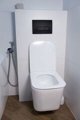 Modern bathroom and toilet in white and black colours with shower bidet.