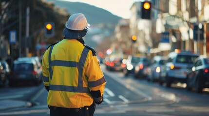 A traffic police officer directing vehicles at a busy intersection, traffic control