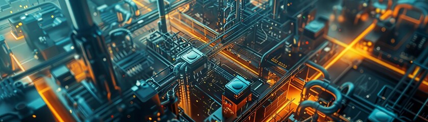 Fototapeta premium A cityscape with a lot of orange and black colors. The city is lit up with neon lights and the buildings are tall. The image gives off a futuristic and industrial vibe
