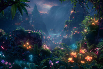 Magical landscapes comes to life, with glowing plants and whimsical creatures	