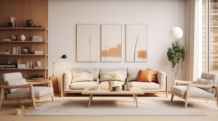Fototapeta na wymiar Stylish Scandinavian living room interior featuring clean lines, wooden accents, and comfortable seating arrangements, creating a warm and inviting atmosphere