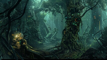 A cybernetic jungle where biomechanical flora and fauna intertwine with pulsating neon foliage, while robotic creatures stalk through the underbrush amidst the ruins of a long-forgotten civilization