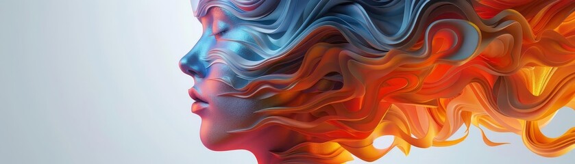 Obraz premium A woman's head with a long, flowing red and blue hair. The hair is curled and twisted, giving it a wild and untamed appearance. The woman's face is obscured by the hair