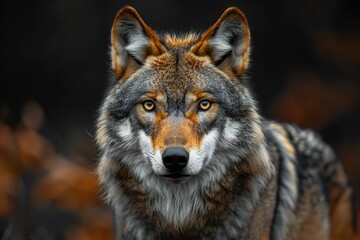 Naklejka na ściany i meble Portrait of a gray wolf in the autumn forest, Close-up