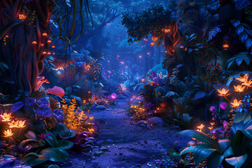 Naklejka na ściany i meble Magical landscapes comes to life, with glowing plants and whimsical creatures 