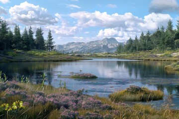 Tranquil mountain lake in a valley with blooming heather in the foreground