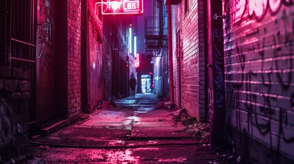 A cracked neon sign flickering above a deserted alleyway, in the style of luminous hues, Wollensak 127mm f/4.7 Ektar, mysterious jungle (urban version), street art photography