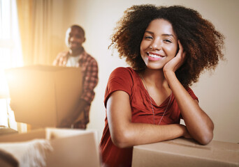 Black woman, portrait and happy by box of new house with break, relax from moving and mortgage....