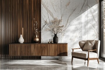 A sideboard with wooden panels and vases on it, next to an armchair in front of the wall