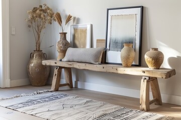 A wooden bench with vases and cushions against the wall, framed pictures on it