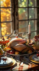 Thanksgiving dinner table with a roasted turkey, surrounded by pumpkins, apples, and other food