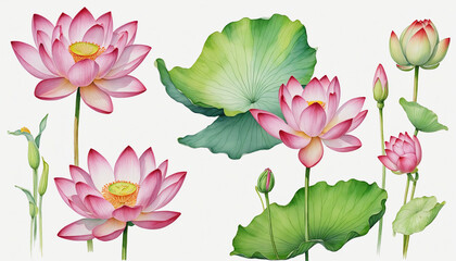 Abstract watercolor collection of lotus and lily flowers, hand-drawn illustrations with a focus on botanical beauty and elegance