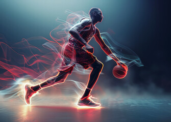 Obraz premium Dynamic basketball player in a powerful dribble with vibrant motion effects