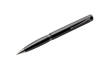 A sleek black pen with silver accents. It is a twist pen with a medium point. The pen is shown