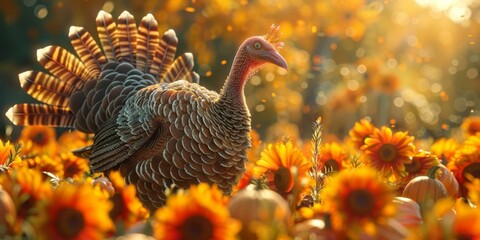 plump turkey in a field of sunflowers