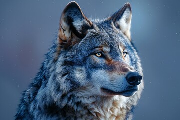 Portrait of a grey wolf on a background of blue sky