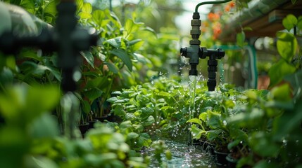 A garden with a hose spraying water on the plants. The plants are green and healthy. The water is coming out of a hose that is attached to a tap