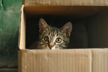 Cute tabby cat looking out of a cardboard box at home