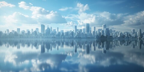 Cityscape of a modern city with skyscrapers reflecting in the water