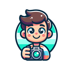 Fototapeta premium Cartoon-style Illustration of a Friendly Content Creator Character, Engaged in Creative Process with Laptop and Camera, Showcasing Digital Content Creation, Perfect for Social Media, Blogging