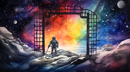 Craft a watercolor background featuring a lone astronaut observing a nebula from a space station window