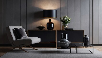 Urban Sophistication, Minimalistic Interior Ensemble with Grey Wall Panels and Black Side Table