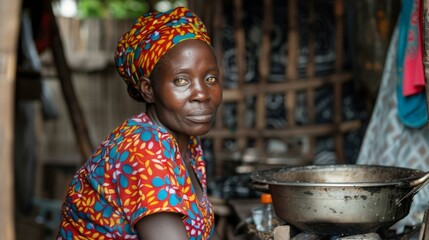 A woman wearing a colorful headscarf is cooking over a charcoal stove.