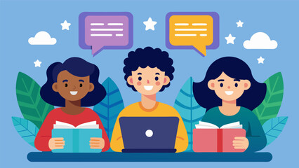 A group of tweens come together to create a blog about their favorite books giving reviews recommendations and hosting discussions on their latest. Vector illustration