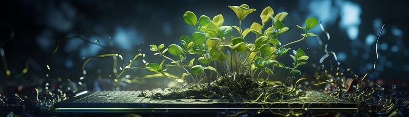 A plant is growing on a laptop keyboard. Concept of growth and life, as the plant is thriving in an unexpected place. The laptop keyboard, typically associated with technology and work