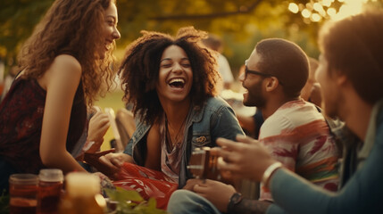 A group of friends sharing a picnic blanket, laughing and eating sandwiches at a music festival  