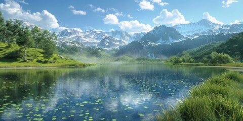Naklejka premium Mountains, lake and green field
