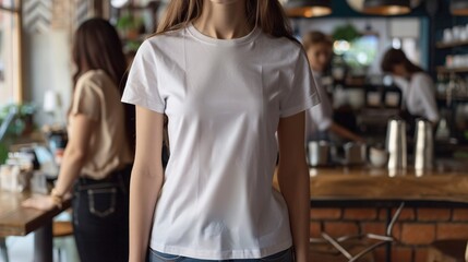 Young Model Shirt Mockup woman wearing white tshirt in coffee shop in daylight Shirt Mockup Templat