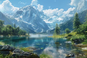 Fototapeta premium Mountains, lake and trees